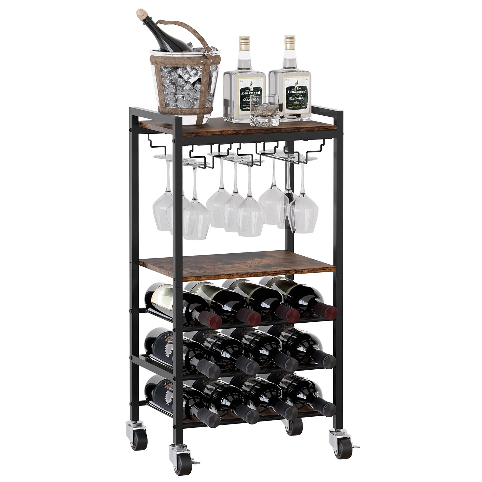 EasyPAG Metal Wood 12 Bottles Wine Rack Wine Rack Wine Bottle Holder Wine Trolley Wine Bottle Storage for Kitchen and Home, Brown