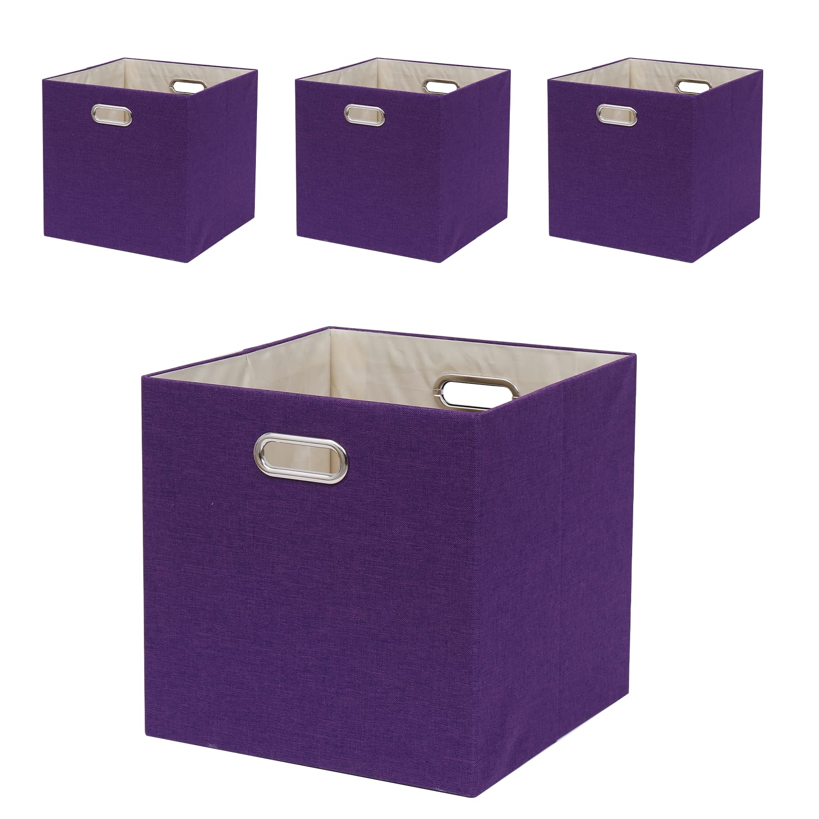 Faltbarer Korb, Stoff, faltbare Box mit Griffen, 33 x 33 cm, würfelförmige Aufbewahrungskörbe, 4er-Set, dicke und robuste Aufbewahrungskörbe für Regale, Schlafzimmer, Wohnzimmer, Lila