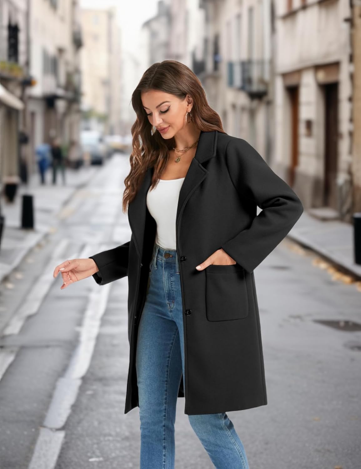 Omoone Women's Winter Wool Blend Coat Notch Lapel Mid Long Single Breasted Pea Coat Jacket Outwear - Image 5