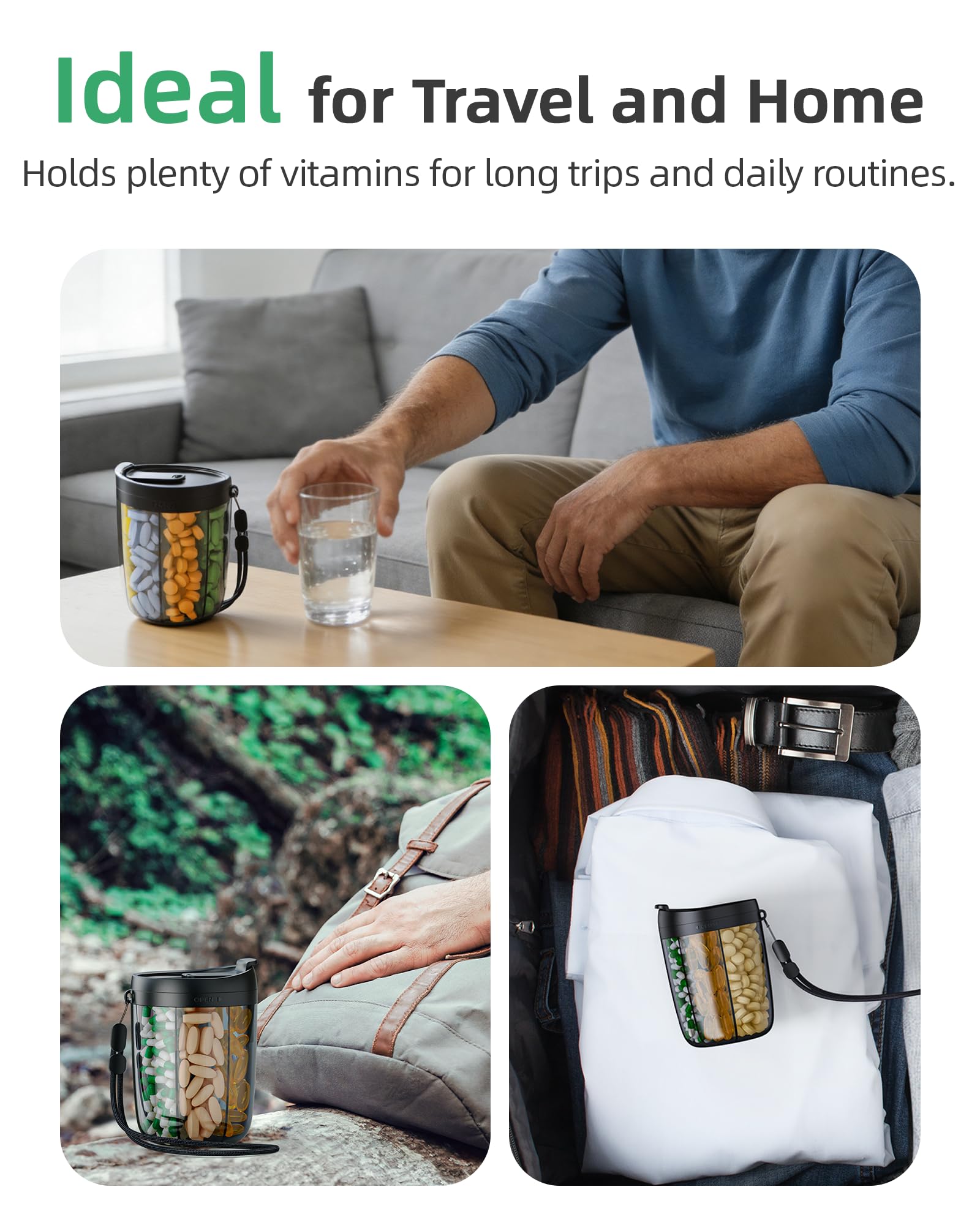 PULIV Large Pill Bottle Organizer, Supplement Organizer for Holding 6 Various Vitamins, Pill Box Case with Anti-Mixing & Wide Opening Design, Easy to Retrieve Meds, Includes 20 Pcs Stick-on Labels