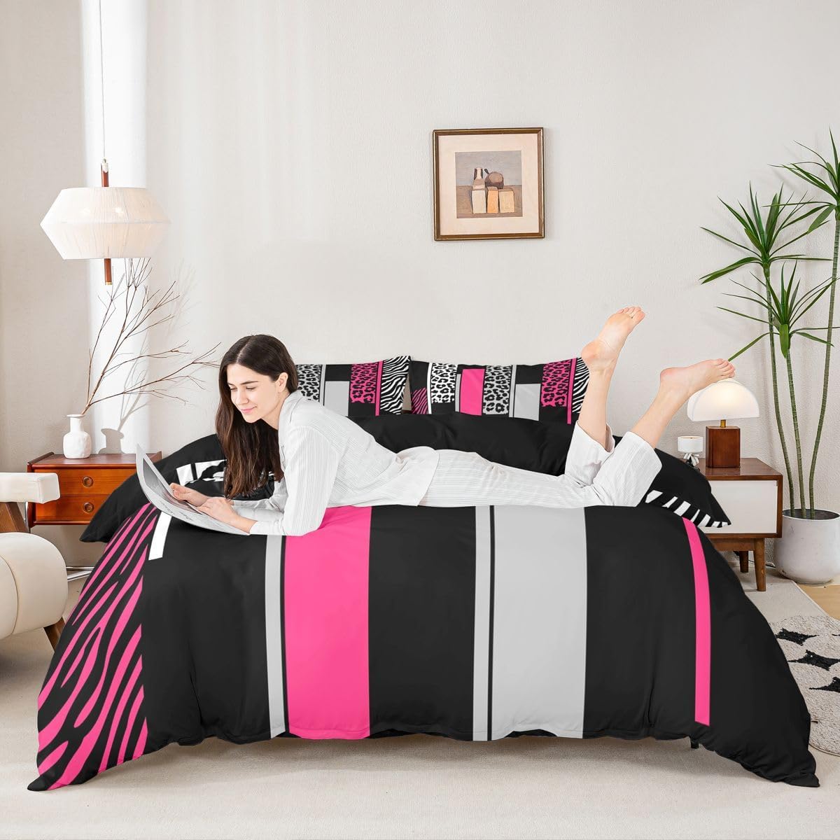Feelyou Ombre Pink Grey Bedding Duvet Cover Set Queen Size Leopard Bedding Set for Kids Boys Girls Decor Animal Print Comforter Cover Set Safari Zebra Print Bedspread Cover Bedroom Bedclothes