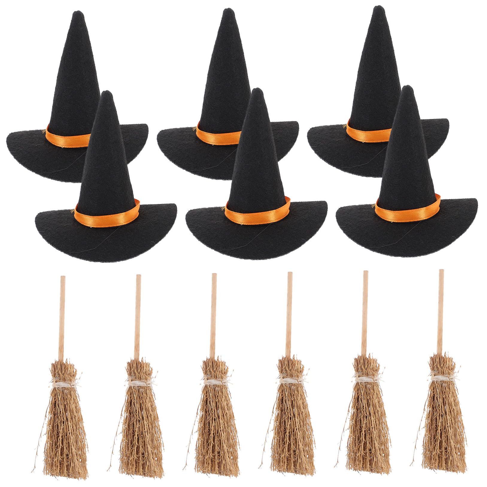 ifundom Set 12 Pezzi Mini Cappelli da Strega e Scope Halloween Decorazione Fai da Te in Feltro Resistente Accessori Miniatura per Festa e Decorazioni Casa Bambole