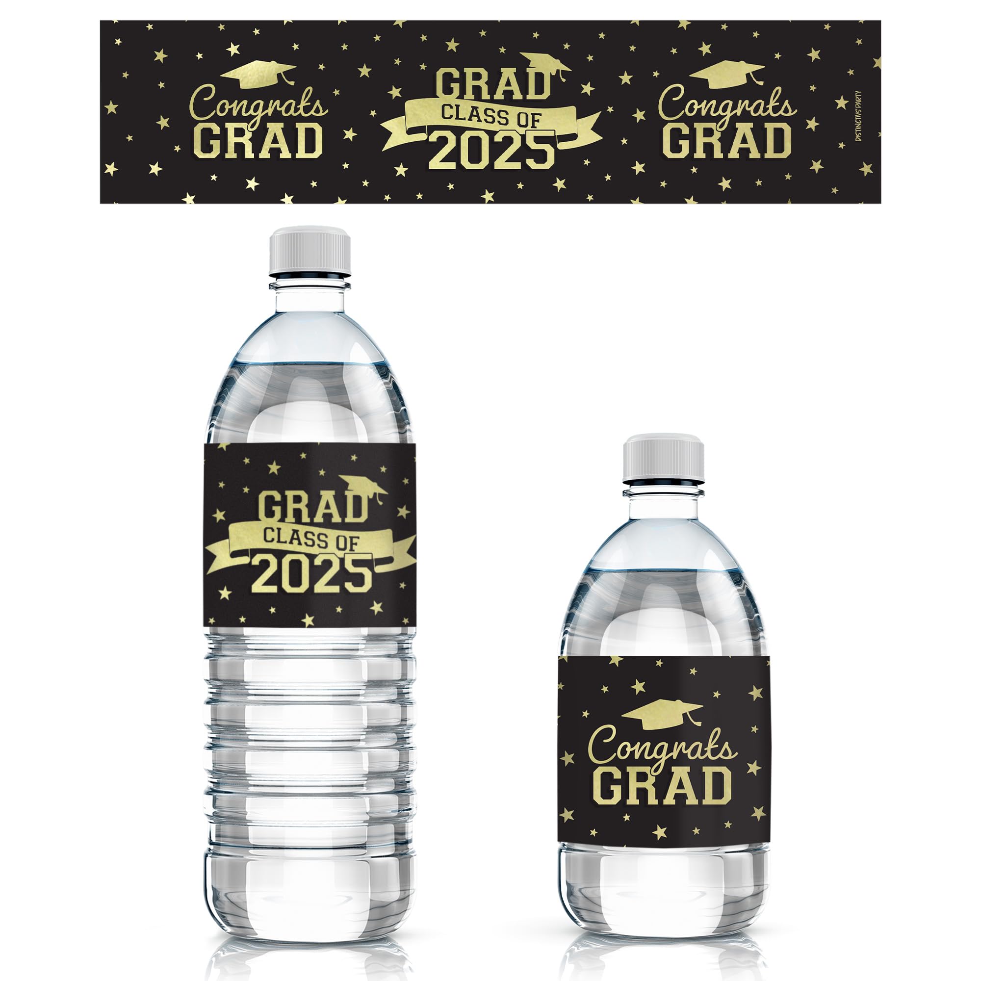 DISTINCTIVS Black and Gold Graduation Water Bottle Labels 2025, Grad Party Waterproof Wrappers - 24 Stickers, Class of 2025 Graduation Party Favors
