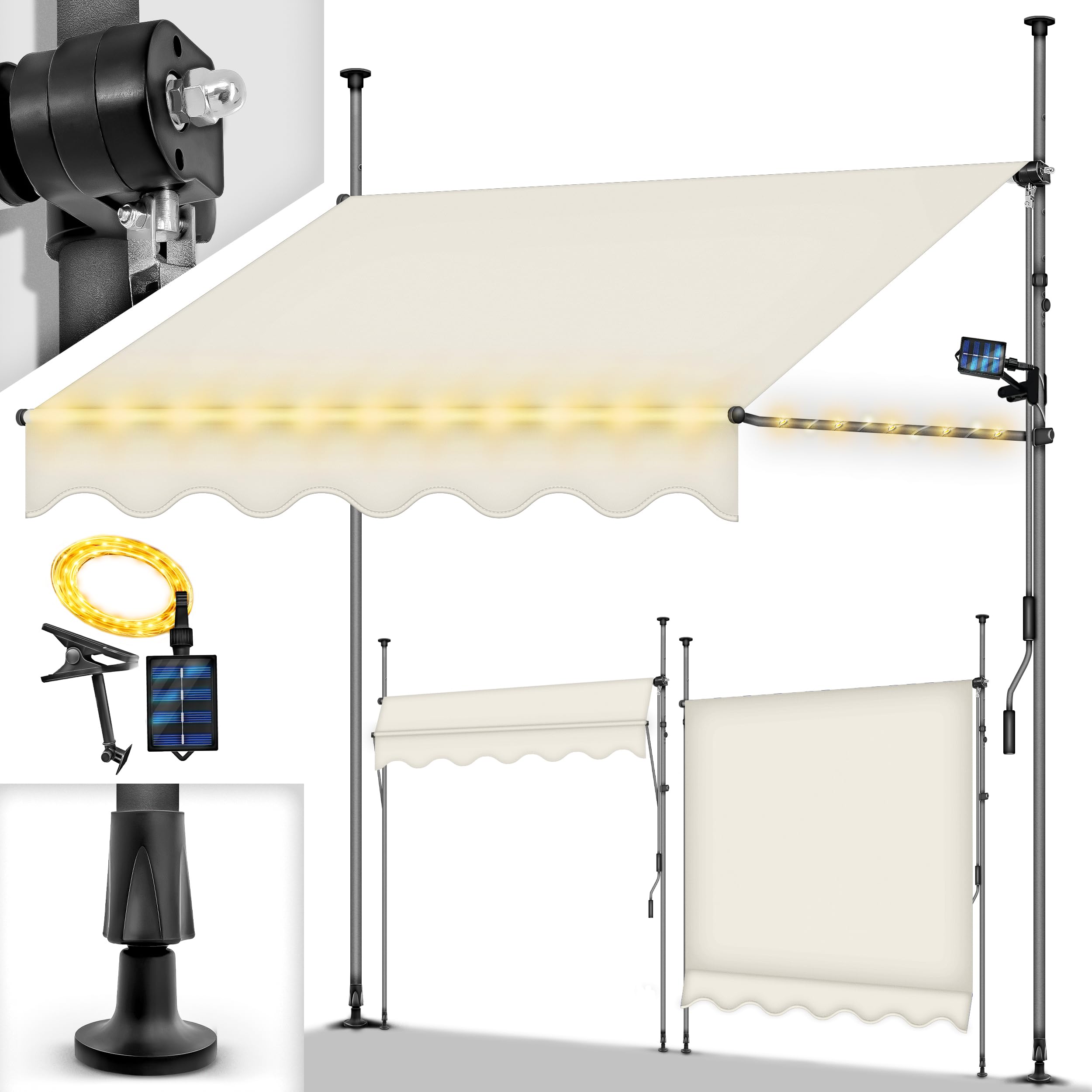tillvex Toldo de balcón con manivela, 300 cm, color arena con led, montaje sin taladrar, resistente a los rayos ultravioleta y regulable en altura, protección solar impermeable