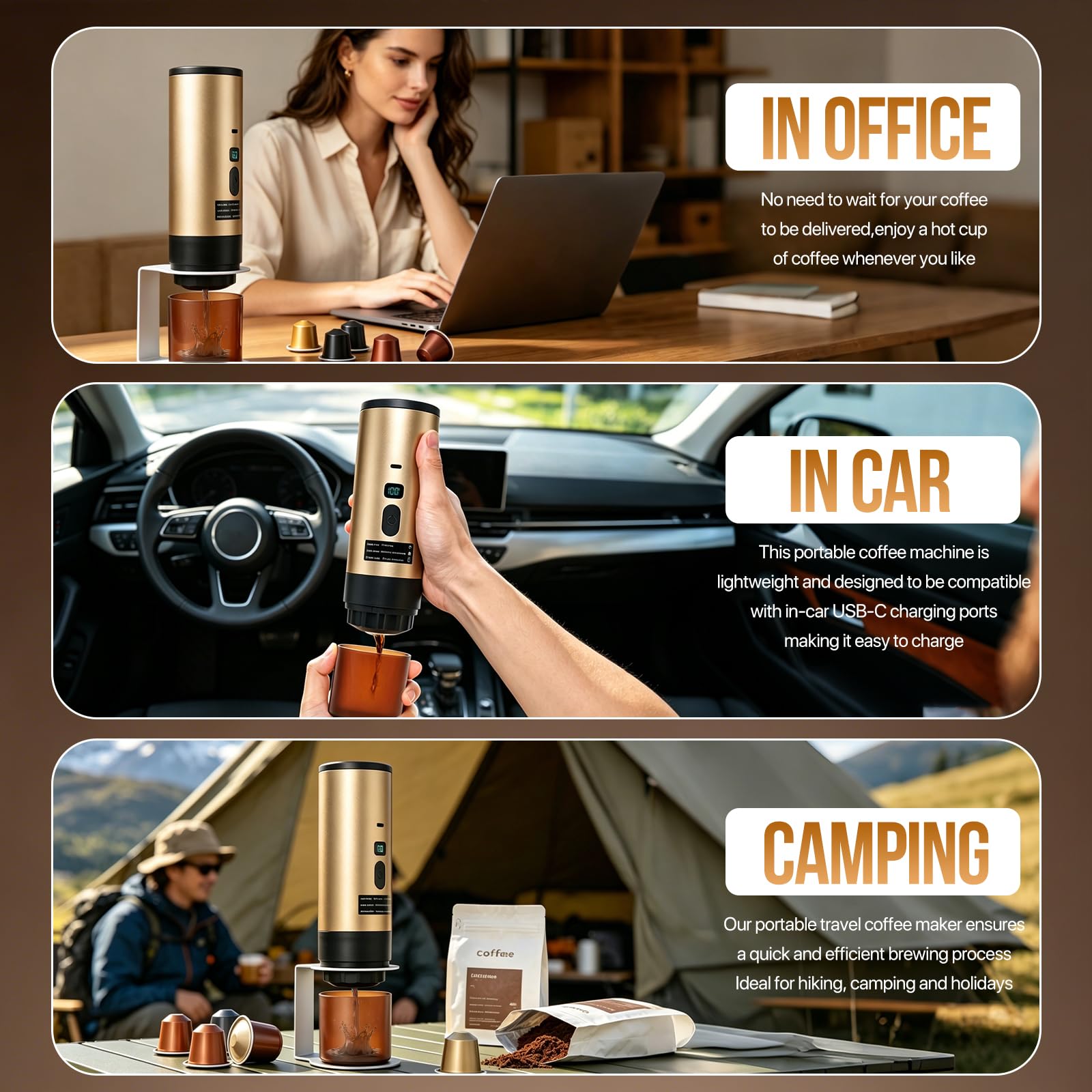 Machine à Café Portable, 3-en-1 Cafetière Nomade Chauffante Rapide, Sans Fil & Auto-Chauffante - Avec Batterie 7800mAh, Fonction de Charging USB-C, Compatible NS/DG/Café Moulu (Or)