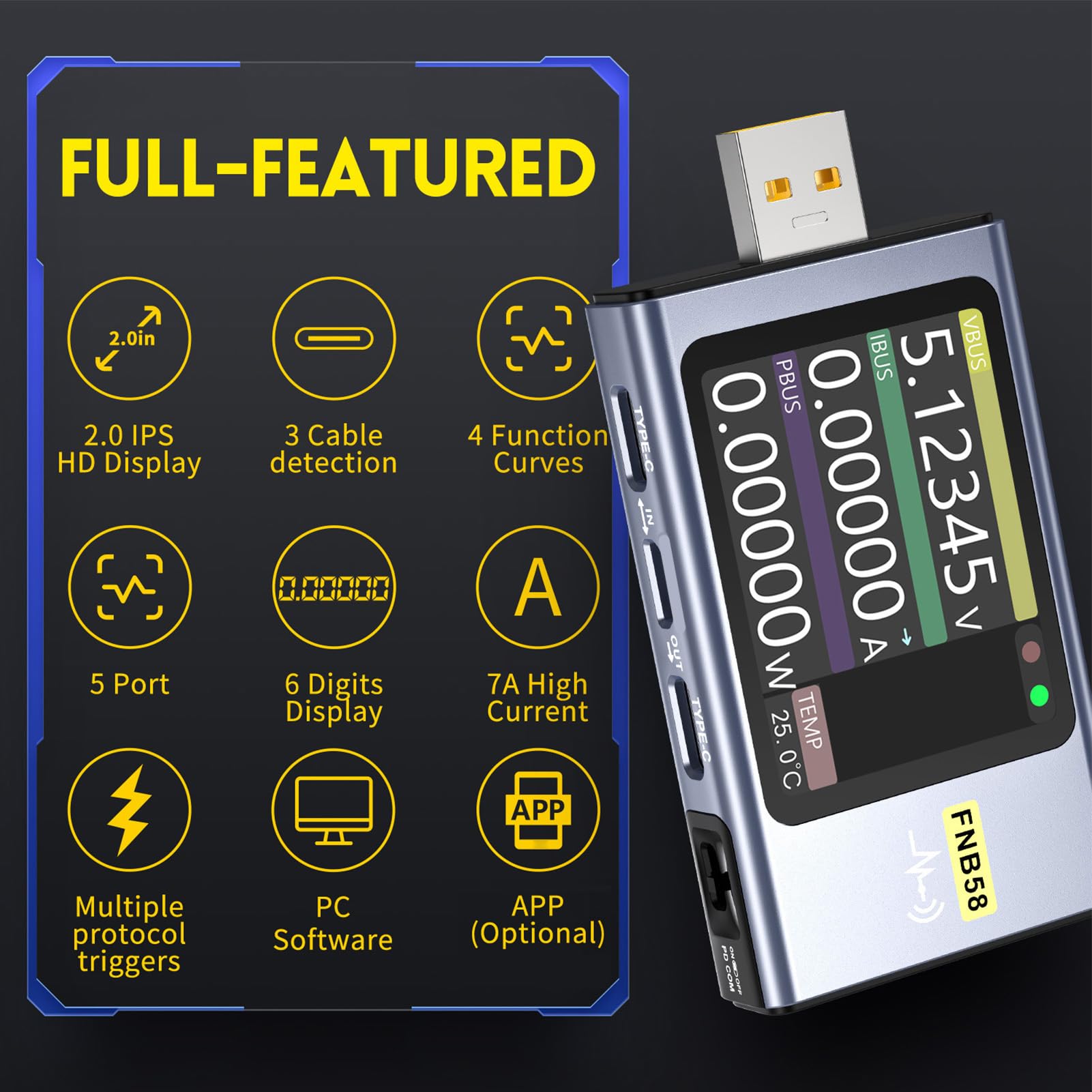 FTVOGUE Multimetrowa Zasilanie USB Prąd Prądowy Tester Mocy z 2,0 -calowym Wyświetlaczem HD LCD dla PD2.0 PD3.0 QC2.0 QC3.0