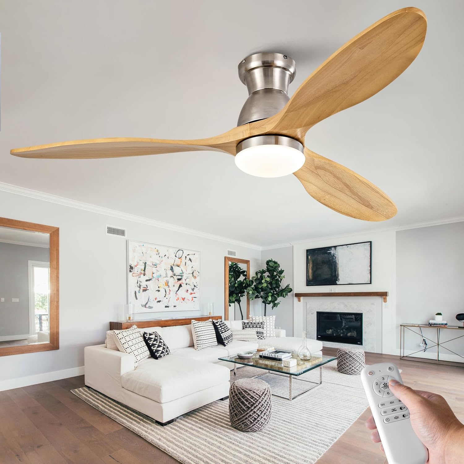 Dimmable 52 Inch Flush Mount Ceiling Fans with Lights and Remote, 3 Blade Wood Bedroom Ceiling Fan with Lights Low Profile Ceiling Fan with Light Brushed Nickel Outdoor Ceiling Fans for Patios