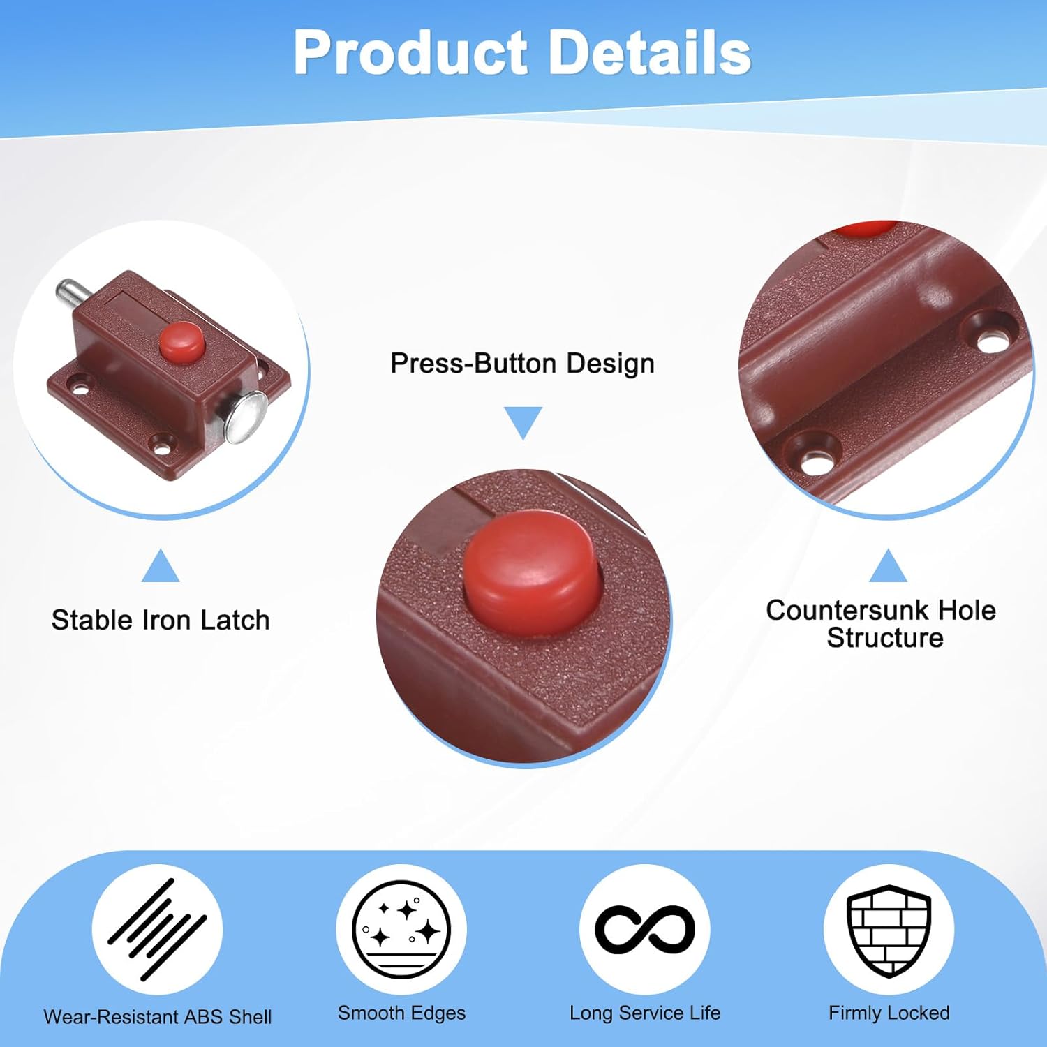 M METERXITY 4-Pack Plastic Push Button Spring Loaded Latch, 1.5x1.4 In/37x36mm Automatic Door Latch Lock Button Bolt Latches for Cabinet Door/Window/Drawer Closet Furniture [Brown]