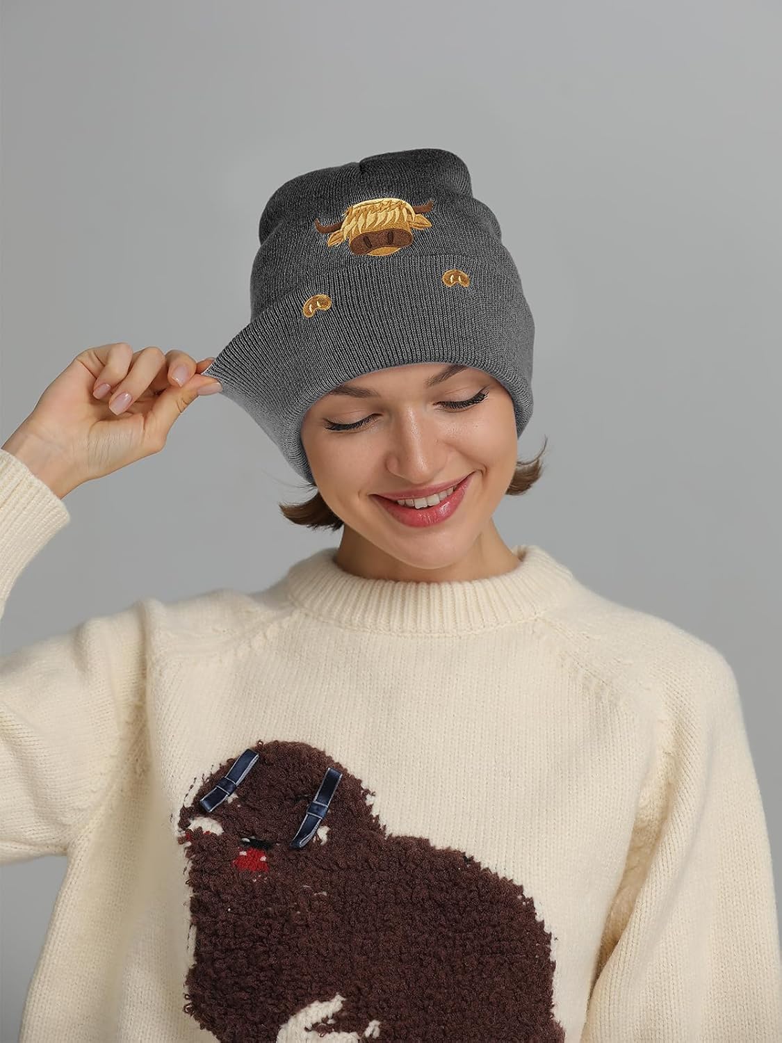 Highland Cow Embroidered Beanie Hat for Women Men Highland Lovers Cute Christmas Stocking Stuffers Animal Birthday Gifts - Image 6