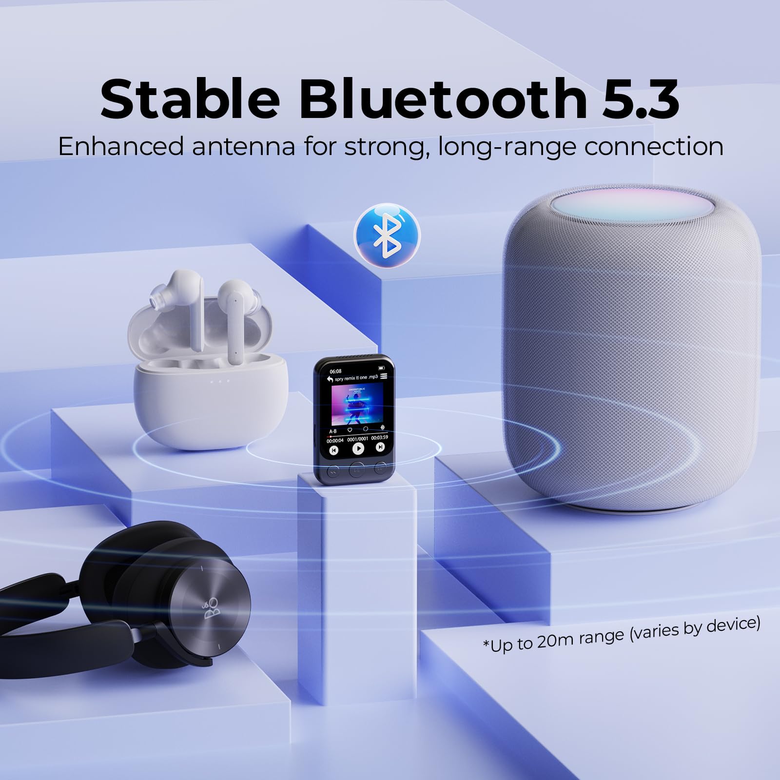 64GB MP3 Player Bluetooth 5.3 mit Clip & Lautsprecher, Sport Musik-Player mit Touchscreen und Tasten, unabhängiger Lautstärkeregler, FM-Radio, Sprachaufnahme, erweiterbar auf bis zu 128GB