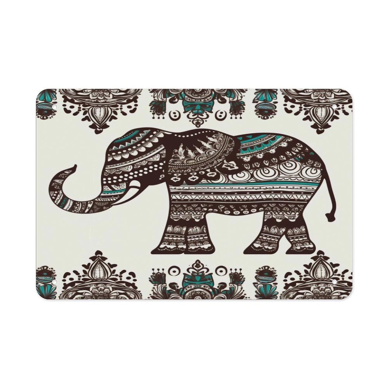 Bohemian Elephant Pattern Metal Tin Sign 12"x8" Wall Art Prints Poster Decorative Picture Metal Signboard Decor Painting Folded Edge Iron Sheet Painting with Holes for Wall Decor