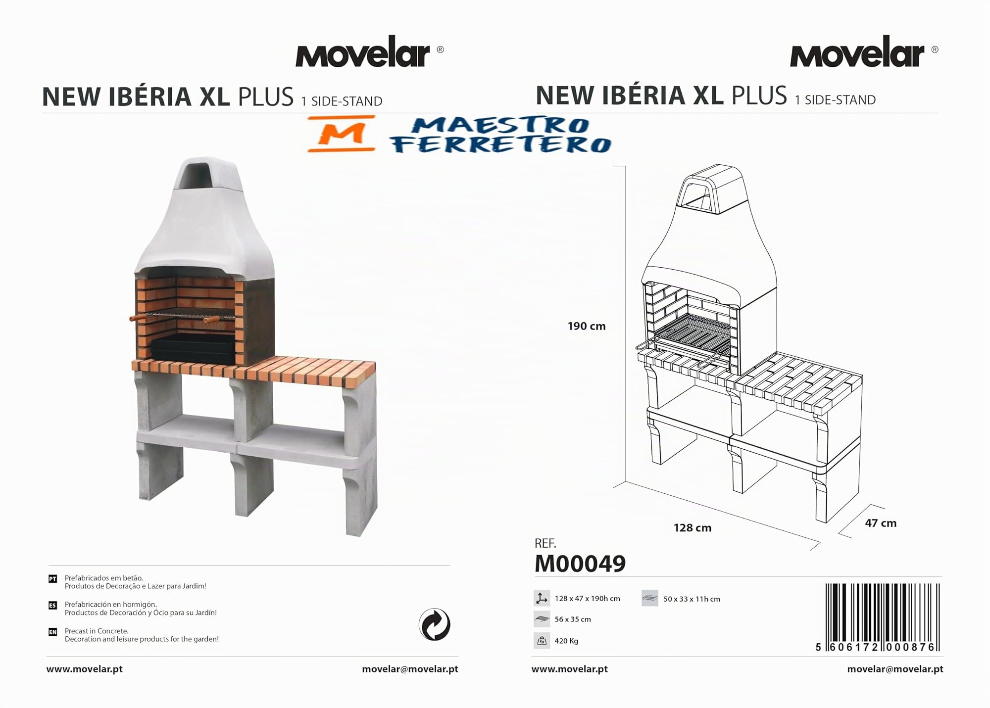 MOVELAR - Barbacoa de Obra Prefabricada de Leña y Carbón Modelo New Iberia Plus XL con Mini Soporte Lateral (Gris, Naranja - 128 x 47 x 190 cm) REF: M00049 - Cocina de Exterior para Jardín o Patio