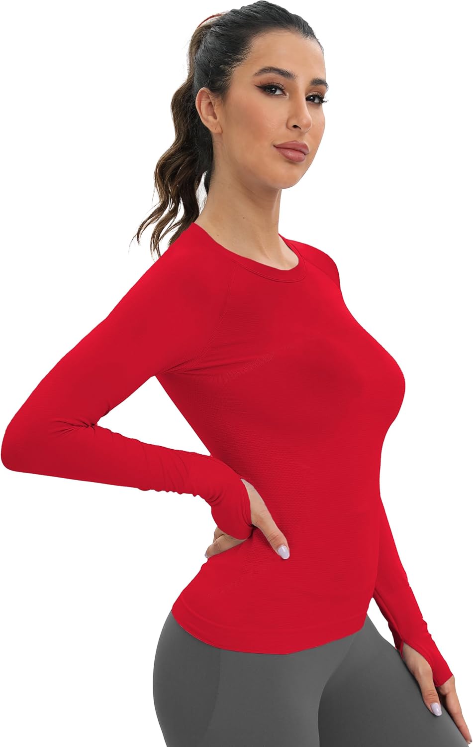 MathCat Workout Seamless Shirts for Women Long-Sleeved Yoga Running Breathable Thumb Holes Tops - Image 3