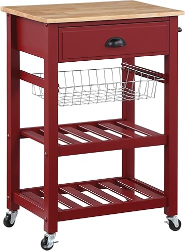 OSP Home Furnishings Hampton - Carrito de cocina con parte superior de madera, cajón para utensilios, cesta debajo del gabinete y 2 estantes de