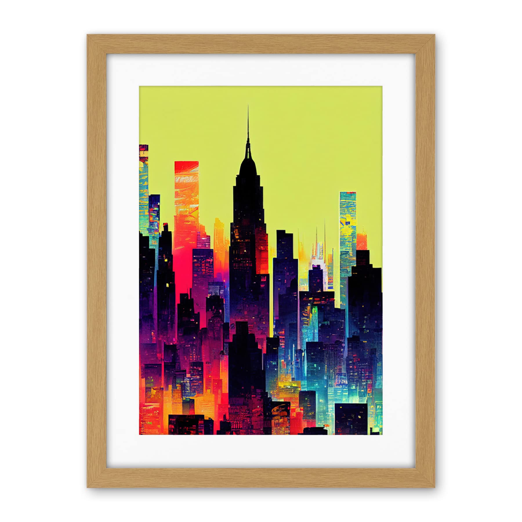 Wee Blue Coo New York Vibrant Multi Coloured Graphic Design Skyscraper Cityscape Silhouette Artwork Framed Wall Art Print 18X24 Inch