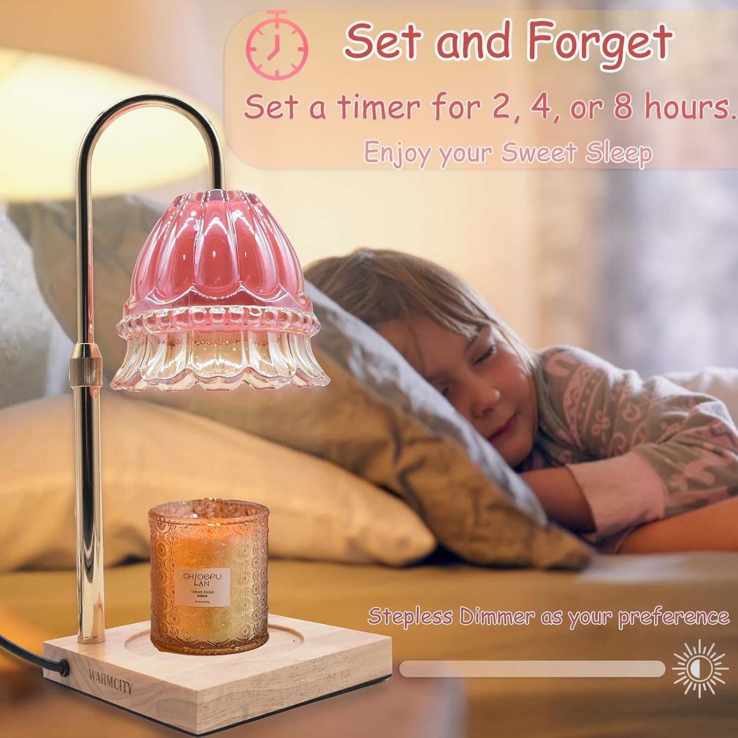 Glass Flower Lampshape Candle Warmer Lamp with Adjustable Height, Wax Burner Lamp with Timer and Dimmer, Wooden Base Candle Warmer, Women's Gifts (Pink)