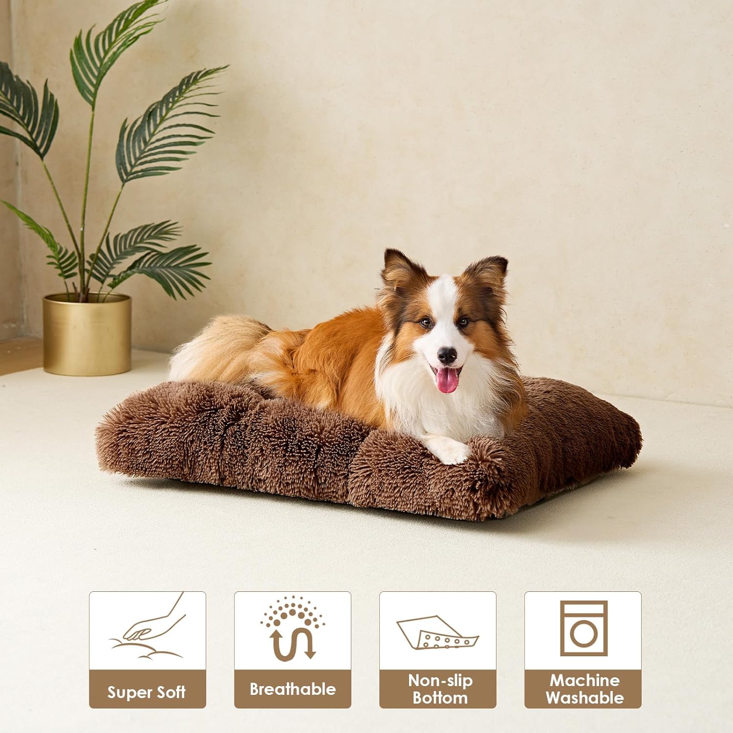 EHEYCIGA Fluffy Dog Crate Bed for Extra Large Dogs, Plush Faux Fur Crate Pad, Calming Anti Anxiety XL Dog Bed, Washable Soft Warm Mat with Non-Slip Bottom, Coffee