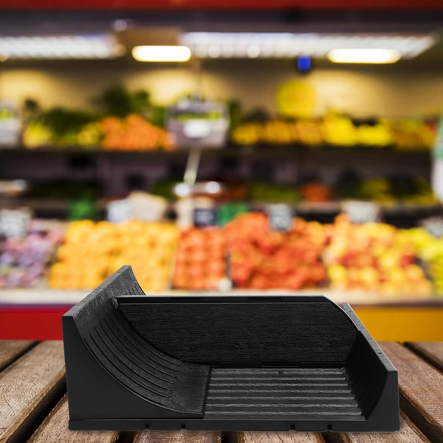 Zerodeko Retractable Supermarket Fruit Display Tray with Safety Guardrail, Black Vegetable Display Plate for Fresh Produce Air Cooler Shelves, Practical Food Service Storage Rack