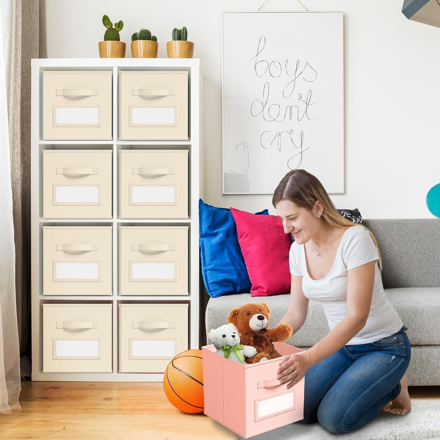 Beige Storage Bins, 11 Inch Cube Storage Bin with 10 Labels Window Cards & a Pen, Fabric Storage Cubes for Shelves (10pcs)