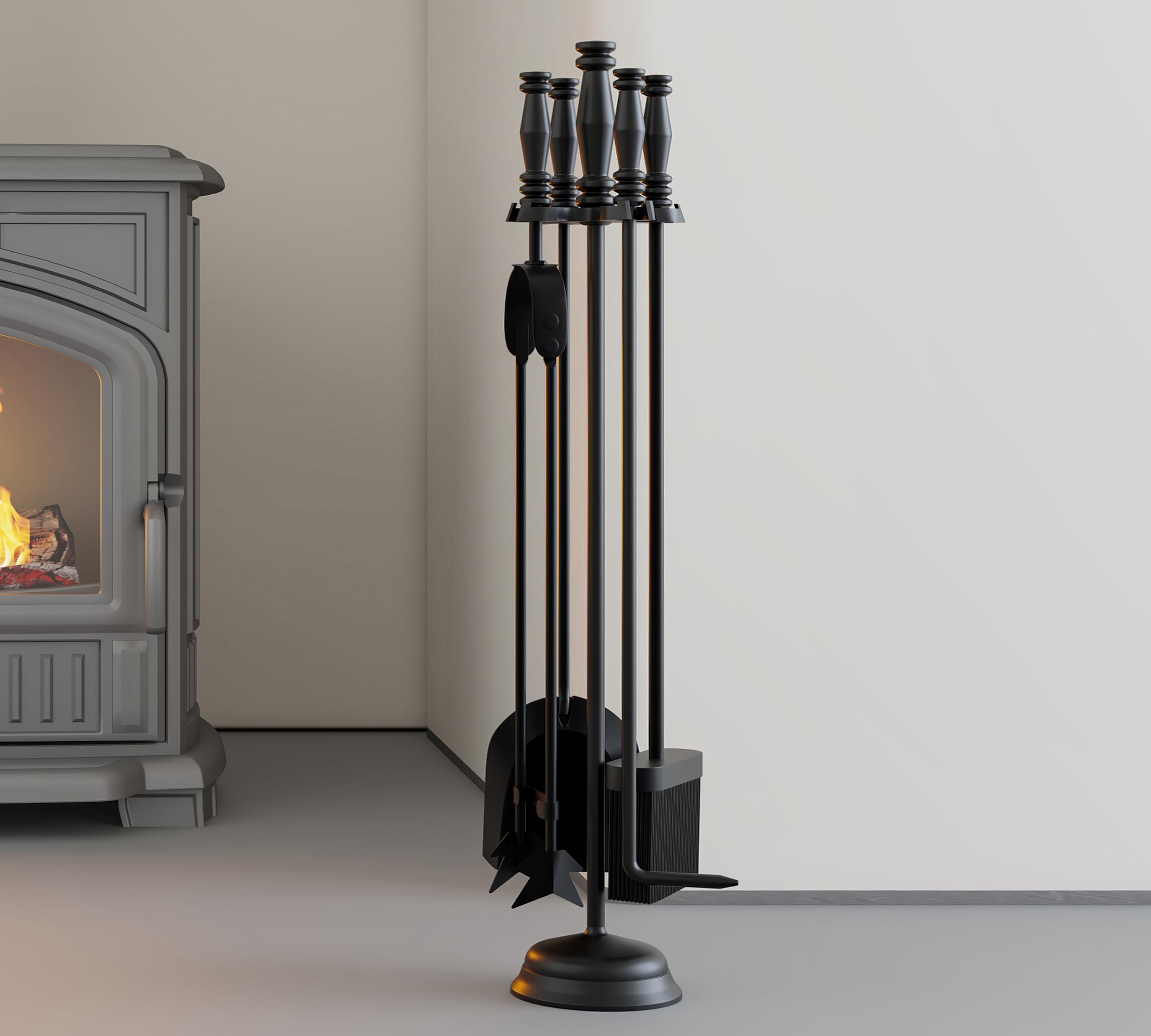 Kingson – Set di accessori per caminetto, 5 pezzi, in ghisa con manico e supporto – Include paletta, attizzatoio, spazzola, pinze e supporto – Strumenti per focolare in nero per fuoco aperto o