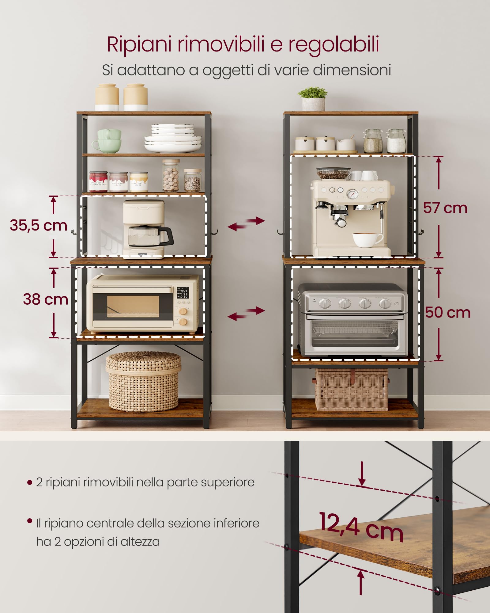 VASAGLE Scaffale Cucina, Mobile Cucina, Scaffale per Microonde, 6 Ripiani, 6 Ganci, Struttura in Acciaio, Stile Industriale, 40 x 60 x 167 cm, Marrone Vintage e Nero Inchiostro KKS024B01
