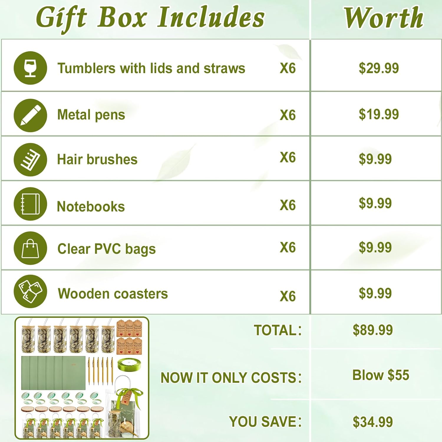 49Pcs Bridal Shower Prizes for Game Winners Wedding Bridal Shower Favor Gifts Include Glass Cups Hair Brushes Notebooks Metal Pens Wood Coasters Cards PVC Gift Bags for Baby Showers Game Gift (Green)