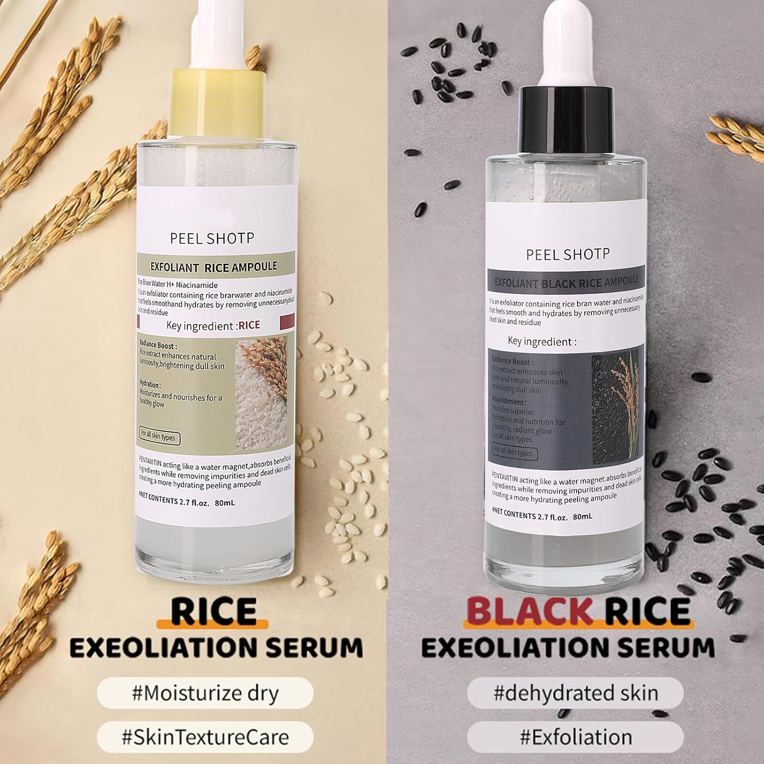 Black Rice Exfoliant,Peel Shot Rice Ampoule Duo Set White and Black Rice Exfoliating facial mask .Reduce blackheads, shrink pores, suitable for all skin types, 2.03Fl Oz (Pack of 2)