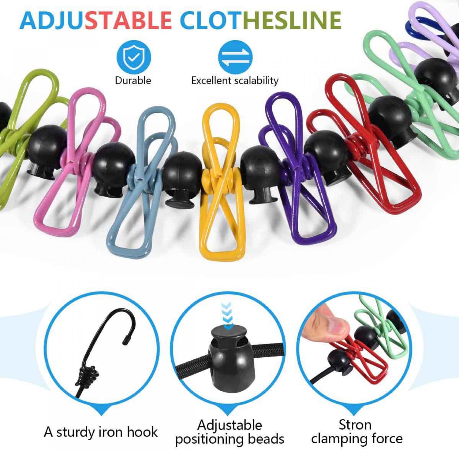 SenseYo 2 Set Retractable Portable Clothesline for Travel with 44 Clothespins, Camping Clothes line for Indoor Outdoor Balcony Hotel Room Laundry Drying