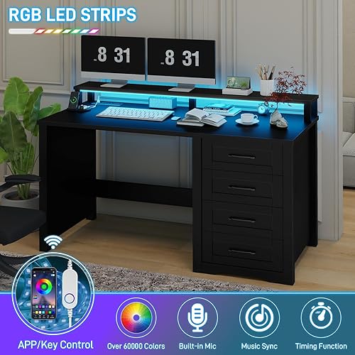 Miniatura 5 de Vabches Escritorio ejecutivo de granja de 47 pulgadas con soporte para monitor y luces LED, escritorio de computadora de 4 cajones con tomas de