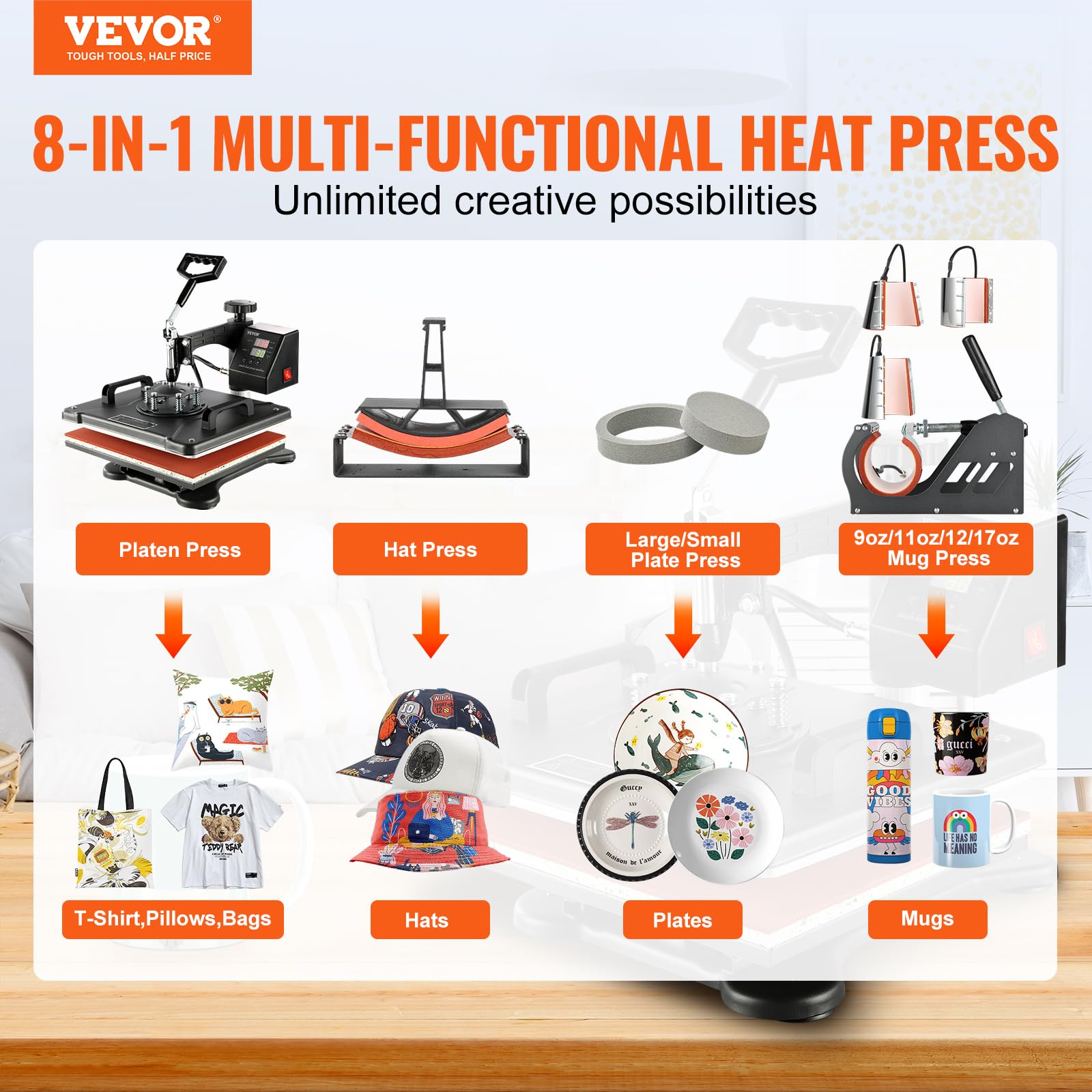 VEVOR Presse Chauffante à Commande Numérique 8 En 1, Presse de la Chaleur de 15" X 12" (38 X 30cm), Pour Transfert Par Sublimation