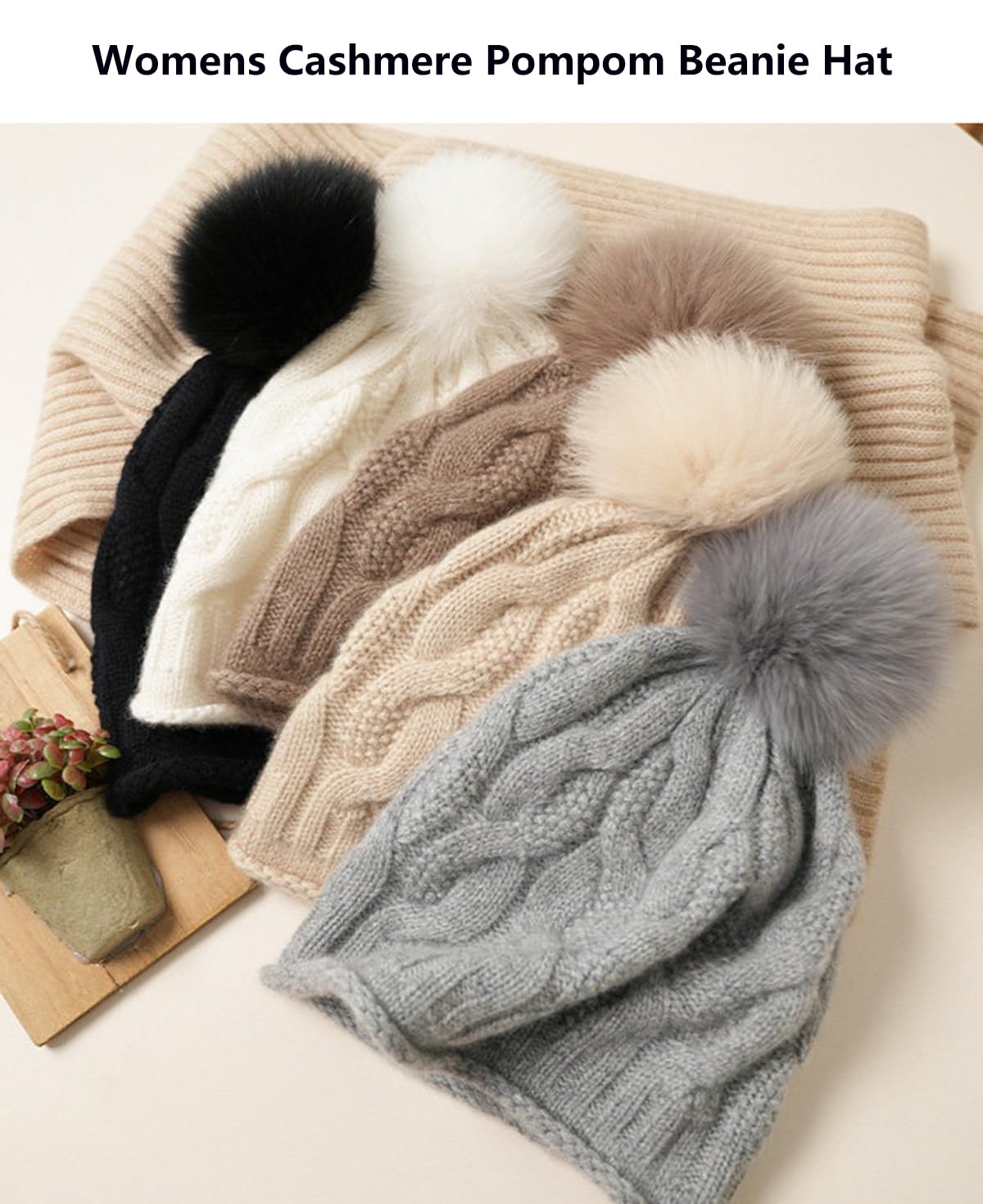 YUONNY Damska dzianinowa czapka beanie z dużym odpinanym pomponem, 100% kaszmiru, miękka, ciepła dzianinowa czapka z pomponem, damska zimowa wszechstronna czapka z pomponem z zawijanymi krawędziami