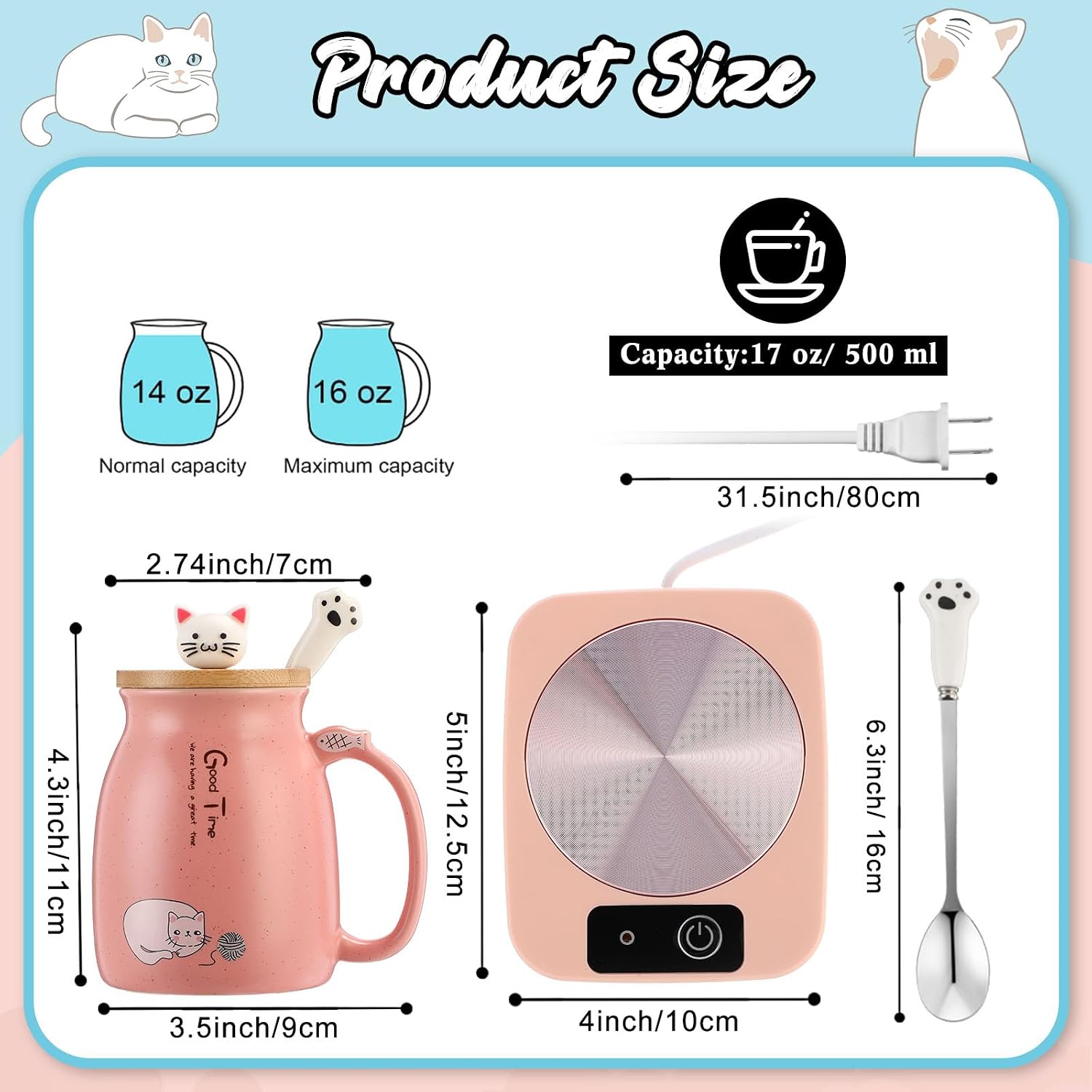 Reallnaive Coffee Cup Warmer with Cat Mug for Women with Lid Spoon,Pink