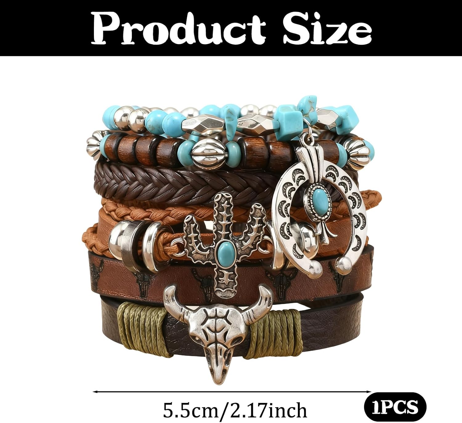 Western Bracelet for Women,Bohemian Cowgirl Turquoise Beaded Stretch Bracelets,Vintage Stackable Bull Head Cowboy Boots Feather Bracelets Set,Country Ethnic Western Jewelry Accessories for Women Men - Image 2