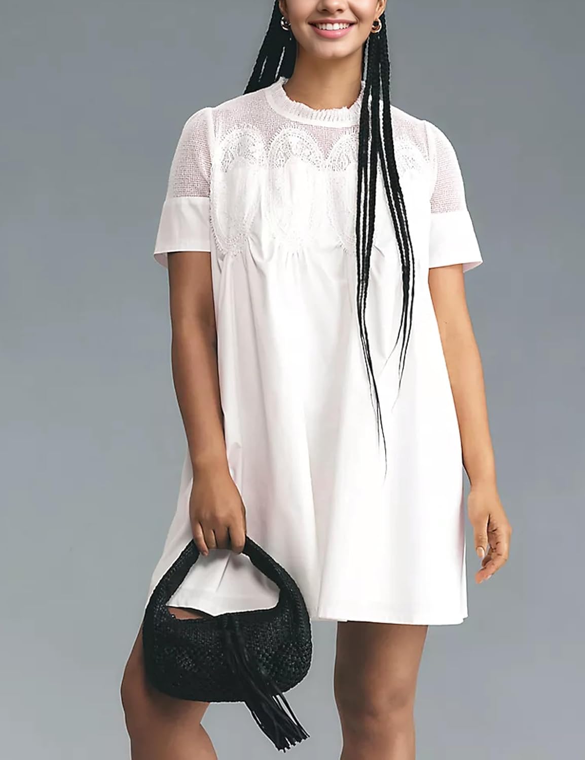 Womens Summer Lace Mini Babydoll Dress Ruffled Collar Short Sleeve Loose Mesh Swing Elegant Flared Sundress (White01-X-Large) - Image 4