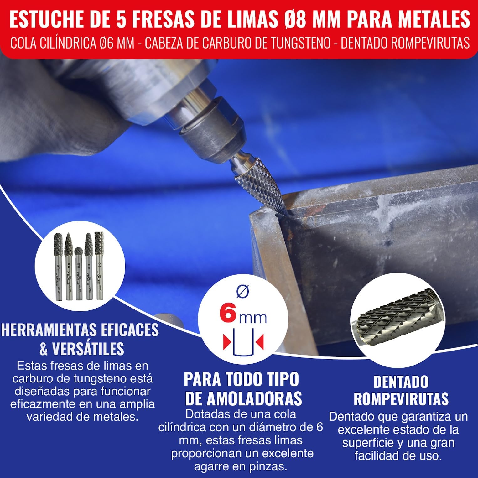TIVOLY - Caja de 5 Fresas de Limas para Metales Ø8 mm - Vástago Cilíndrico Ø6 mm - Cabeza de Carburo de Tungsteno - Dentado Rompevirutas