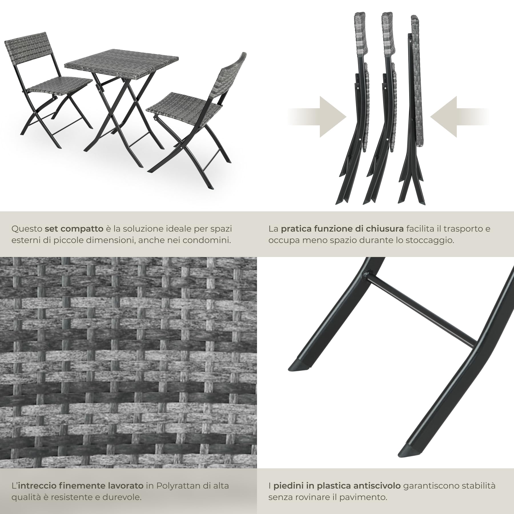 tectake® Set 3 Pezzi Trevi in Rattan, 1 Tavolo con 2 Sedie, Protezione dai Raggi UV, Ripiegabile, Design Moderno, Set Giardino, Terrazzo, Balcone, Campeggio - Grigio