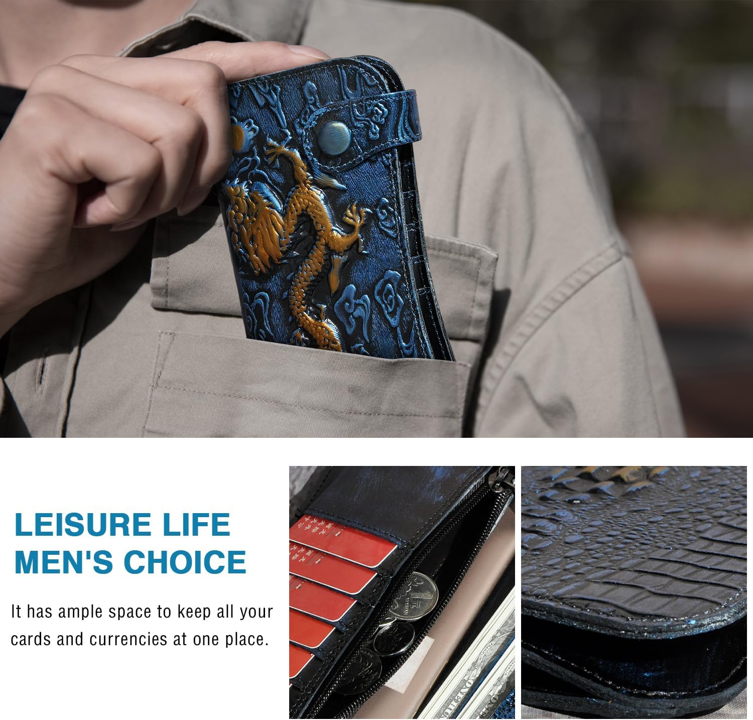 Genuine Crazy Horse Leather Travel Gift Coin Pocket Card Case Long Organizer Chain Rfid Wallet Purse With Snap For Men Male 1088 (1088 Dark Blue) - Image 2