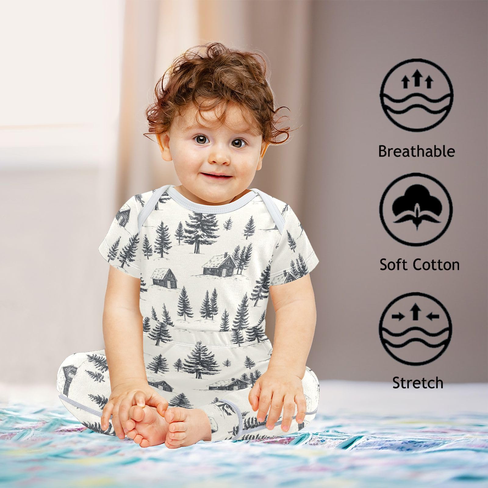 vvfelixl Forest Cabin Baby Bodysuits Set,Baby Layette Sets Unisex Short Sleeve Babys Pants Sets 6-9M