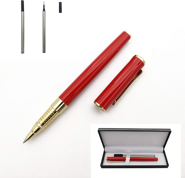 Accod Metal Signature Pen Writing Smooth Black Ink Ballpoint Pen Business Gift Pen with Two 0.5mm Refills Gift Box for Women or Man (Red)