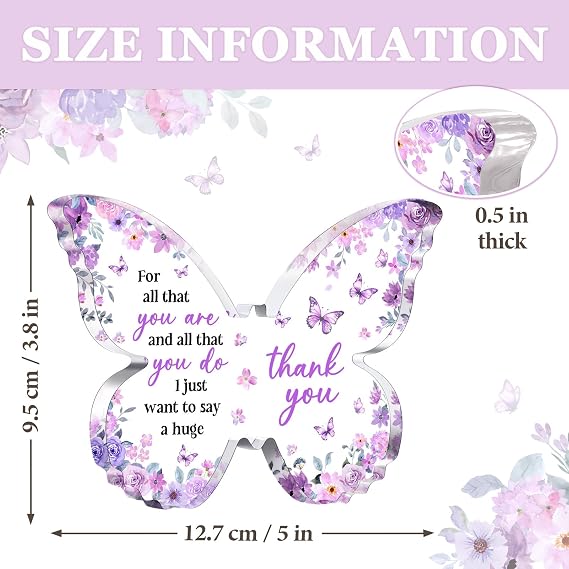 Thank You Gifts for Women, Appreciation Gifts for Employee Teacher Coworker Nurse Friend, 5x3.8x0.5 Inch Butterfly Acrylic Plaque Decor, Graduation Wedding Thank You Grateful Gift Bulk - Purple