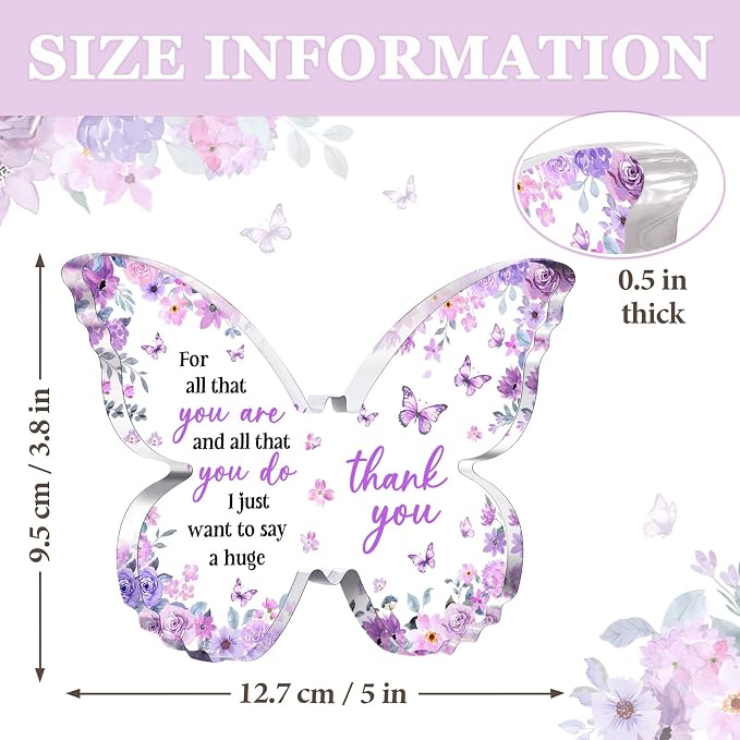 Thank You Gifts for Women, Appreciation Gifts for Employee Teacher Coworker Nurse Friend, 5x3.8x0.5 Inch Butterfly Acrylic Plaque Decor, Graduation Wedding Thank You Grateful Gift Bulk - Purple miniatura 3
