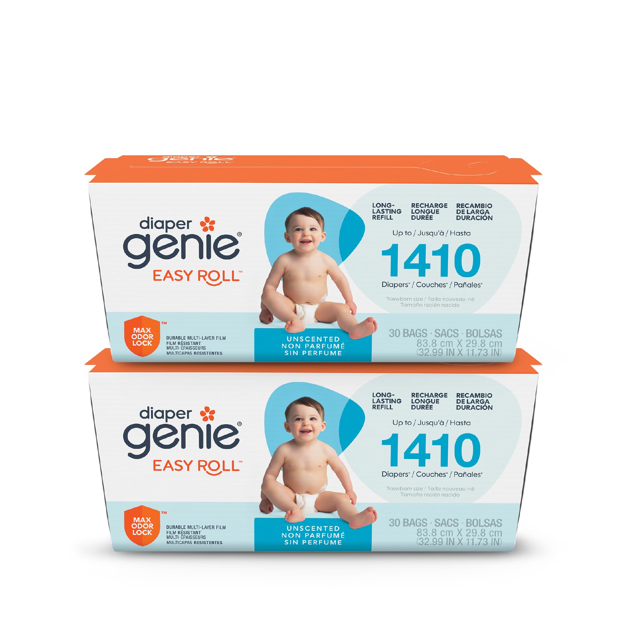 Diaper Genie Easy Roll Carton Refill (2-pack)| 30 Bags | Holds 1410 Newborn Diapers | Odor Control | Fits Signature &amp; Platinum Pails