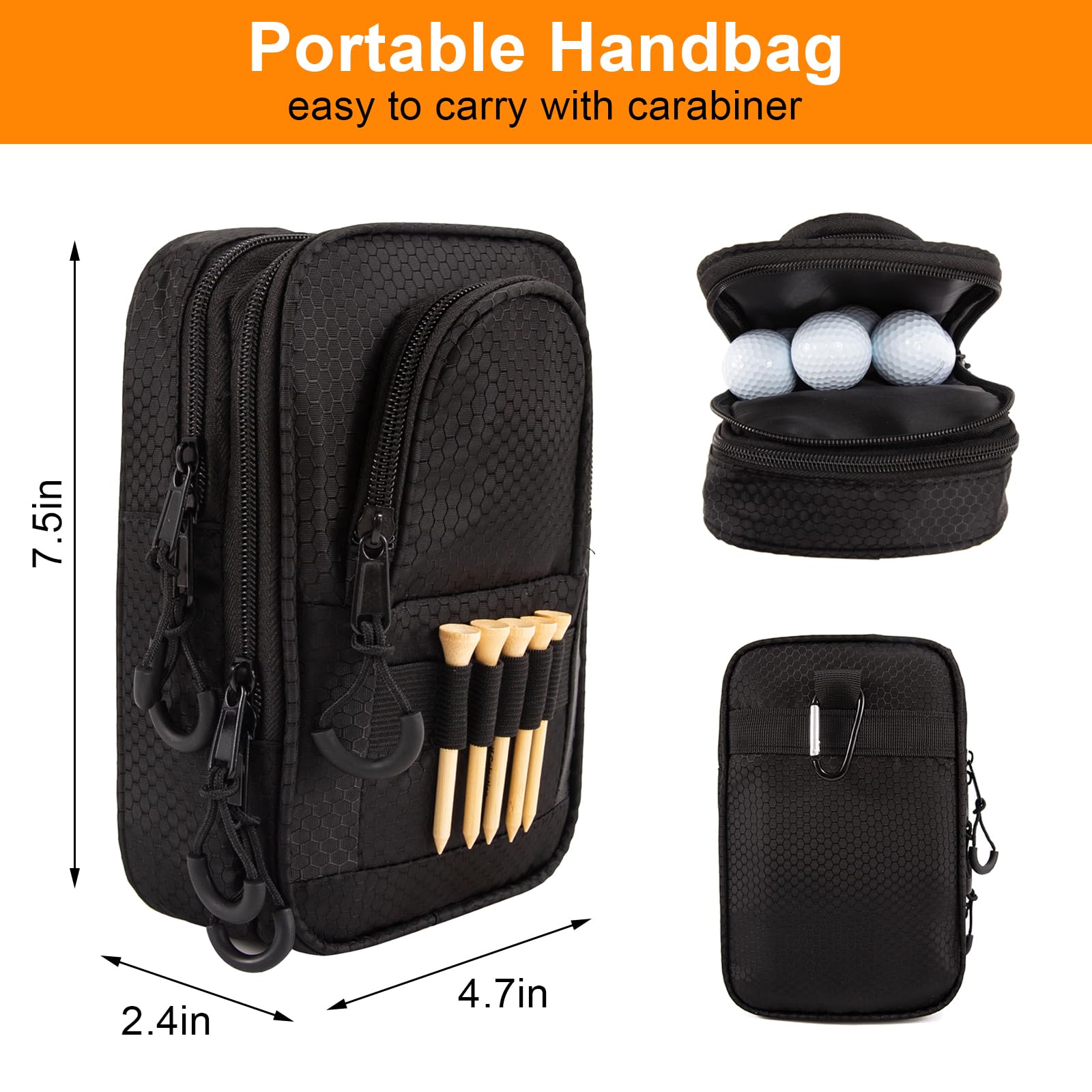 Golf Valuables Pouch & Golfs ball bag organizer with 3 Zippered Pockets,Golf Accessories for Men,Portable Multi Layer Golfs Storage Bags,Carabiner Clip – Store 12-15 Balls,Male and Female Player Gifts