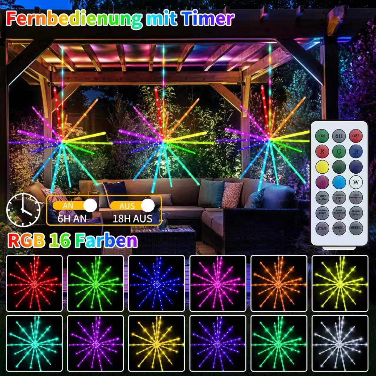 RJED16RGB Plug Hängelichter, 3 Stücke 386 LED Feuerwerkslichter für Außen, IP65 Wasserdicht, 8 Modi und Timer, für Terrasse, Hof und Balkon 1