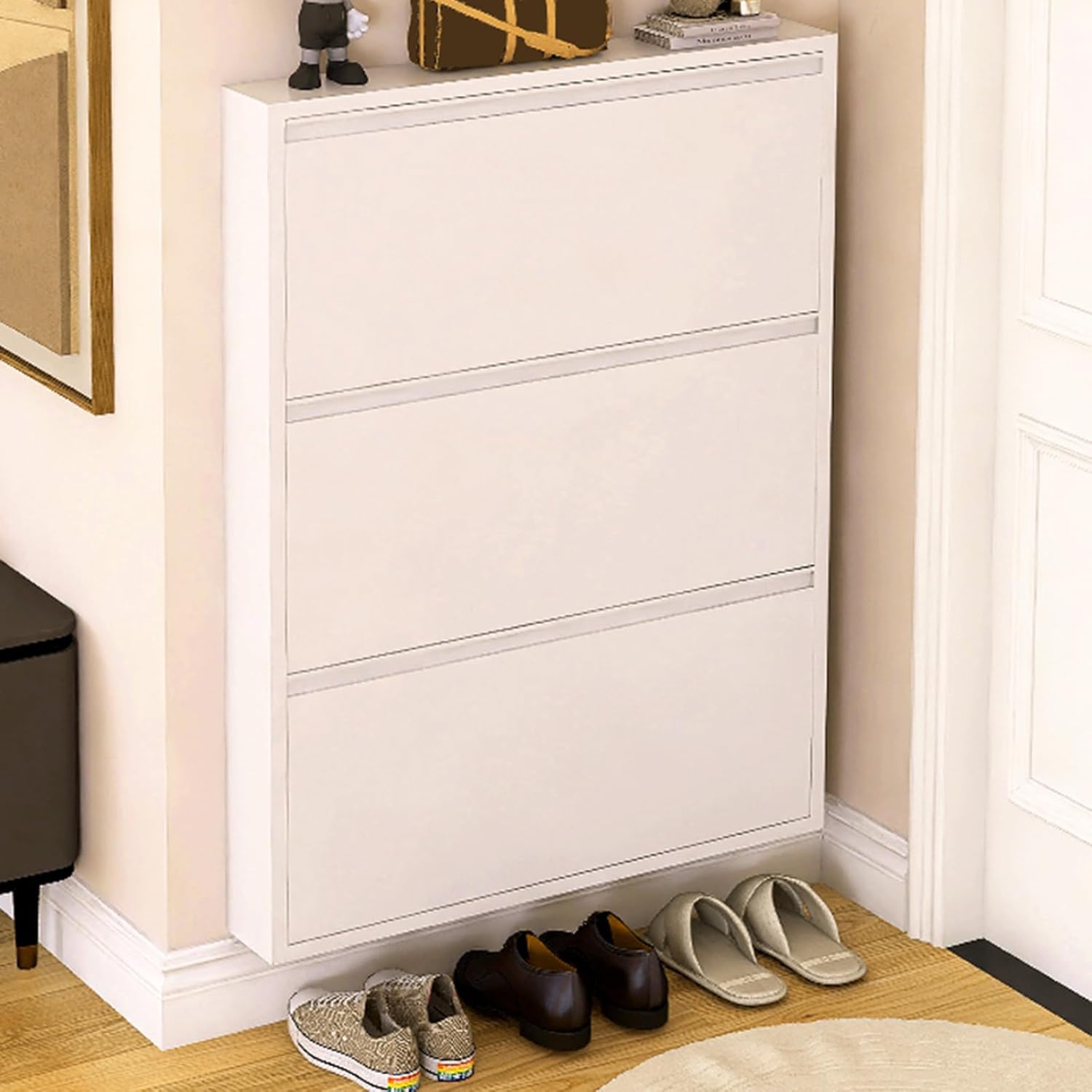 Shoe Storage Cabinet Cabinets Hallway Slim Cupboard Cupboards Hallways Slimline，Slim Wall-Mounted Shoe Cabinet, Metal Shoe Storage with Flip Drawers, Space-Saving Footwear Cupboard for Hallw