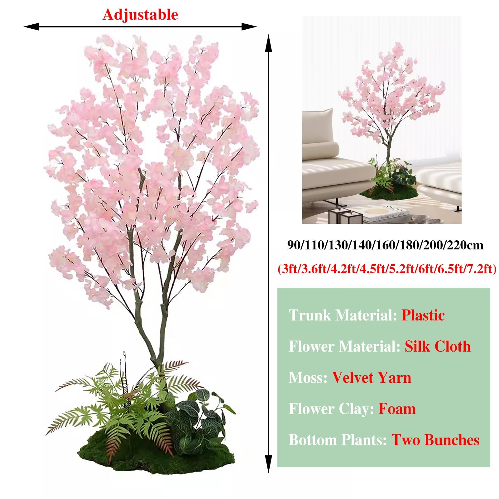 Plantes Artificielles Imitation Cerisier en Fleurs avec Mousse Verte Artificielle, Superbe Faux Arbre de Plantes D'extérieur pour Porche de Patio, Pot Décoratif avec Fleur Presque Naturelle(H 200cm(6.