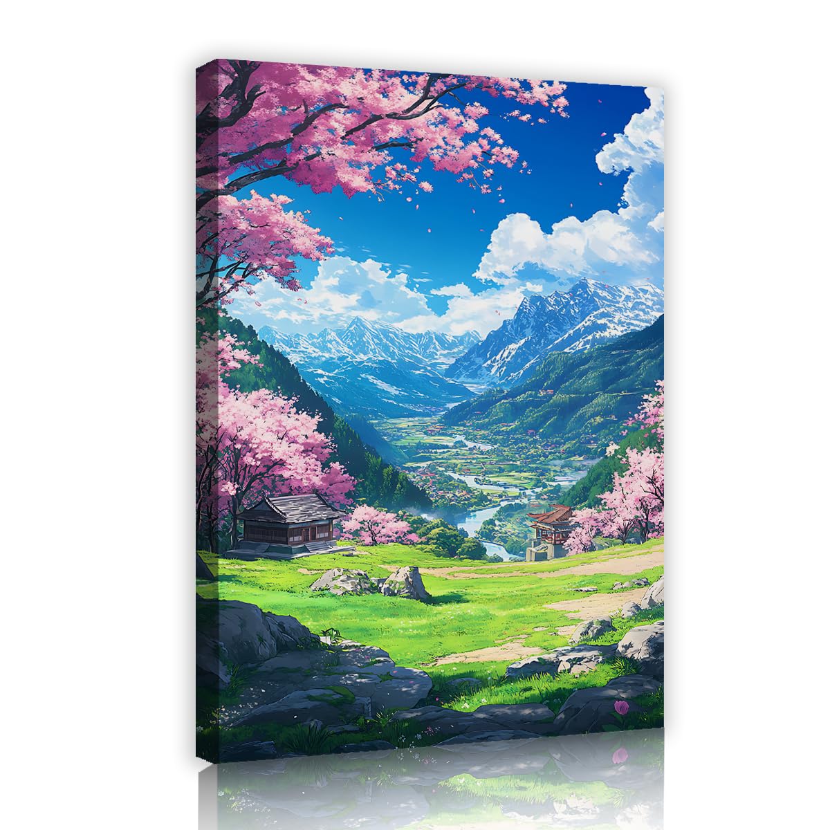 Via Vela Anime Cherry Blossom Framed Canvas Prints Bedding Room Japanese Spring Mountain Landscape Painting Scenic Pictures Posters for Lounge Decor 70x110cm