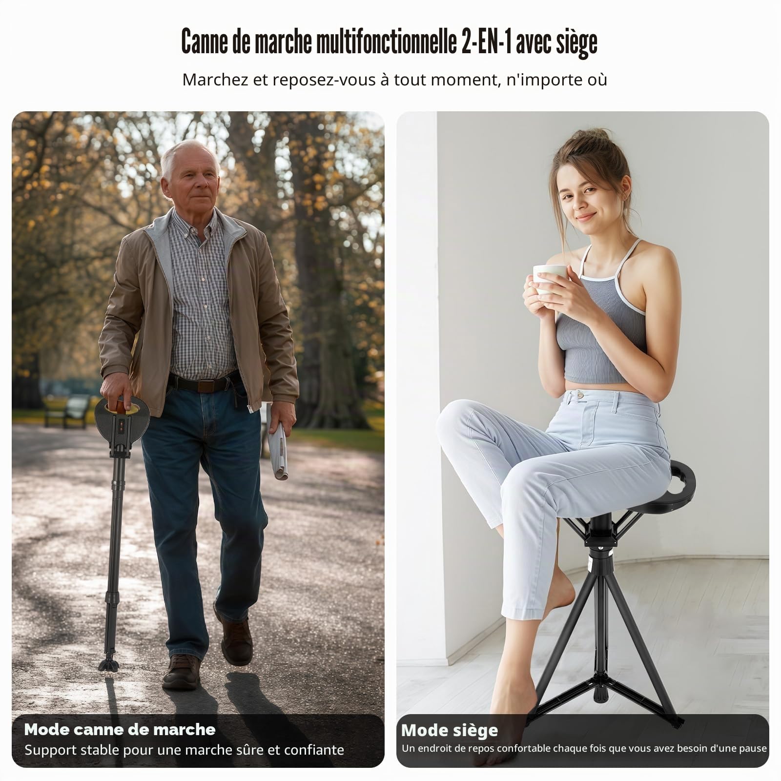 Canne de Marche avec siège pour Personnes âgées et Adultes Canne | de marche portable pliable avec sac de transport, canne de randonnée réglable en hauteur avec capacité d'assise de 250 kg