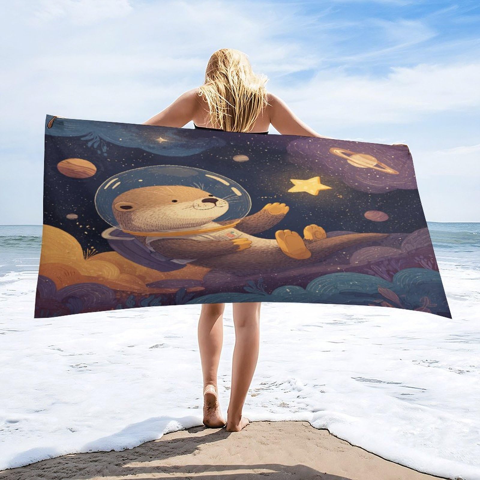 Luyysky Rustic Cute Otter Astronaut Absorbent Beach Towel, Retro Anime Watercolor Outer Space Galaxy Constellation Animal Otter Outdoor Single-Sided Velvet Beach Towel-80 W Cm X 160" L Cm