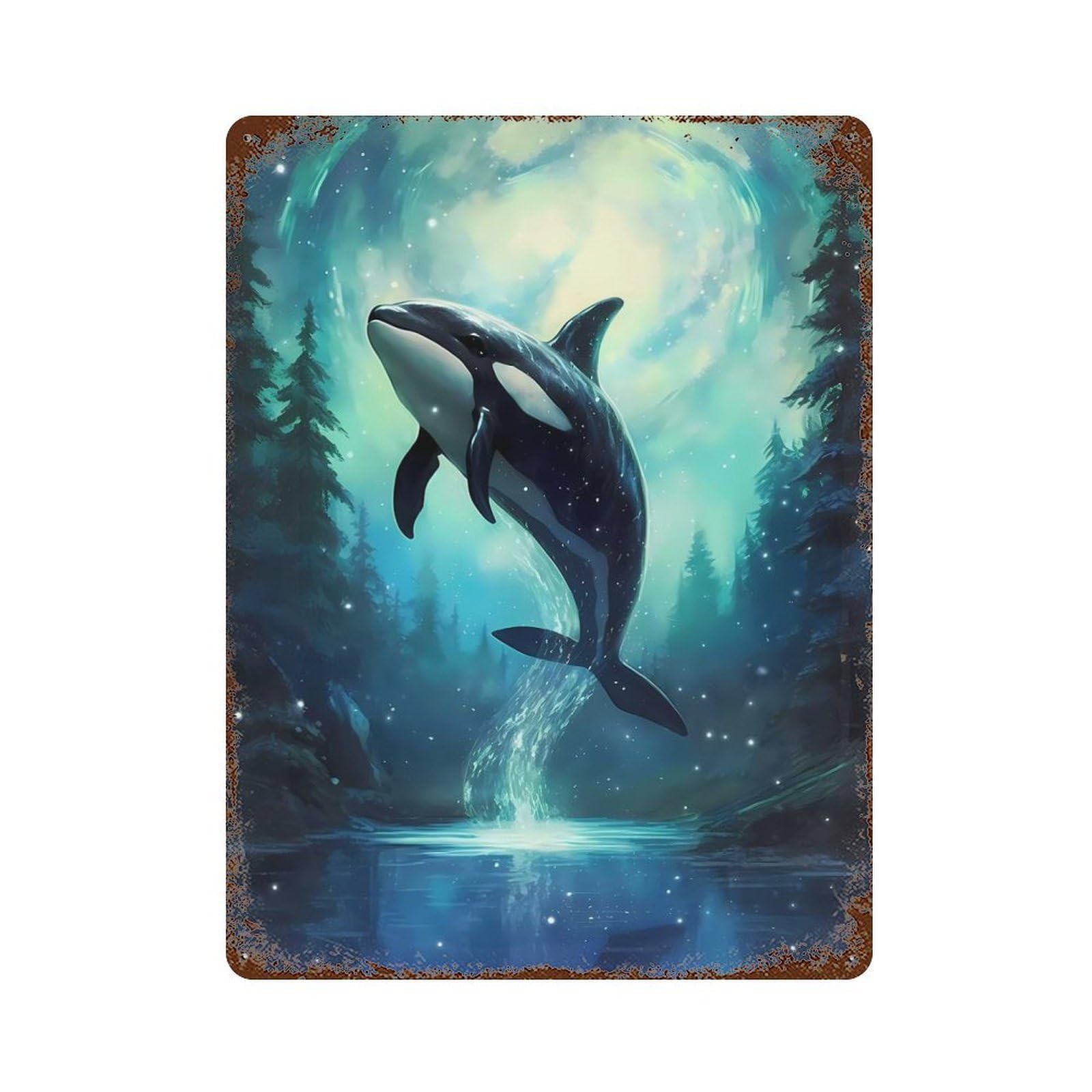 Decorative Tin Sign with Orca Whale Enchanted Sea Design 15.7"x11.8", for Garage, Bar And Workshop Decor, Farmhouse Wall Decor